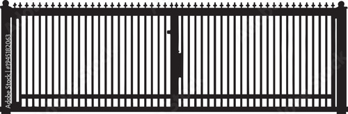 A tall black metal gate with decorative finials and a lock