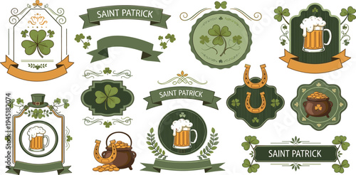 Vintage St. Patrick's Day Decorative Elements Set with Beer Mugs, Clover, Horseshoes, and Gold Coins for Holiday Graphics and Festive Designs