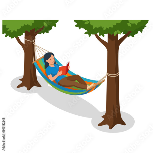 Woman relaxing in a colorful hammock between two trees while reading a book outdoors