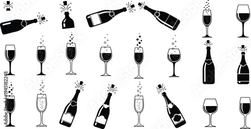 Champagne bottle popping and wine glass silhouettes celebration drink icons set sparkling beverage vector illustration for party toast event design