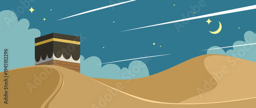 Flat illustration of the Kaaba in a desert landscape at night with crescent moon and stars. Islamic religious background concept for Hajj, Umrah, Ramadan, and Eid celebrations.