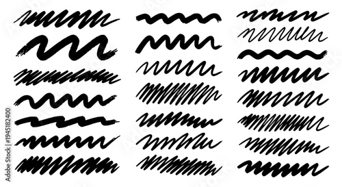 Lines hand drawn set with black curved and straight scribbles and strokes on white background featuring vector
