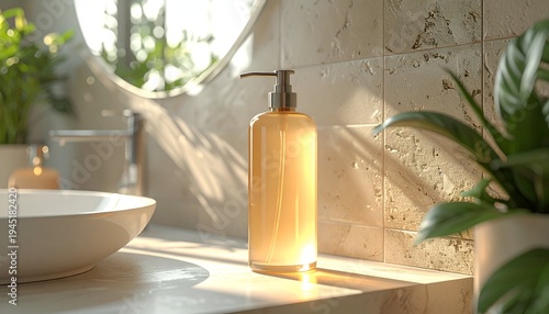 A bathroom scene with a soap dispenser on a counter, with natural light