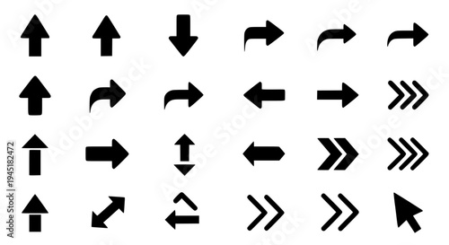 Arrows black solid set with various directional pointers and curved lines for navigation featuring graphic elements,