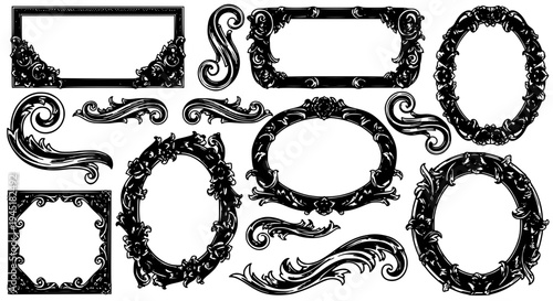 Frames ornate set with black floral designs and empty white spaces for photos featuring graphic resources,