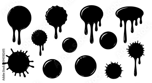 Blobs black set with drips and splatters on white background, various shapes and sizes featuring graphic resources,