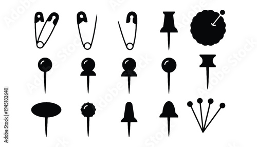 A set of black push pin icons and safety pins in silhouette style