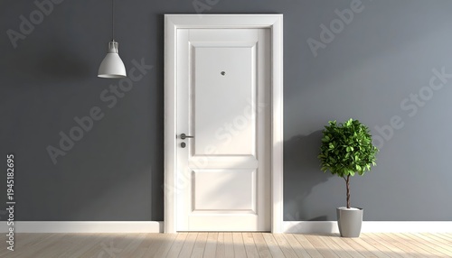 A white door in a modern room with a plant, lamp, and wooden floor, against gray wall