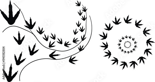 Dinosaur footprint trail spiral pattern set prehistoric animal track silhouettes fossil footprints path vector illustration for paleontology design and educational graphics