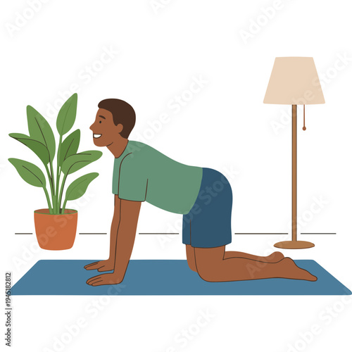 Man practices yoga on a mat indoors with a plant and lamp nearby