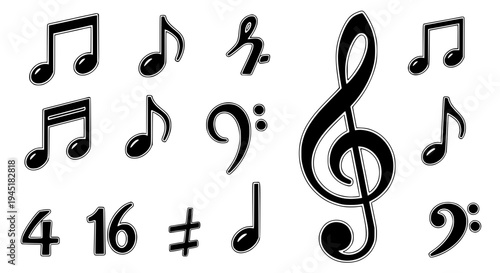 Music notes set with treble clef, bass clef, sharp, flat, and natural symbols, black vector graphics