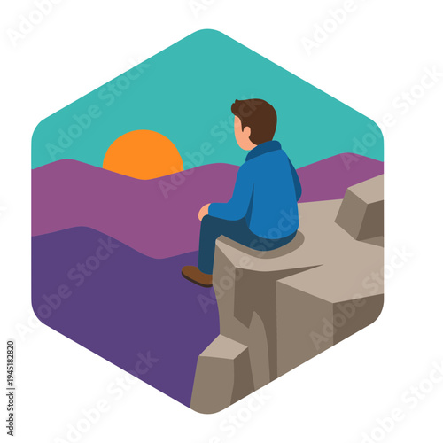 Man sits on cliff edge watching serene sunset over mountains