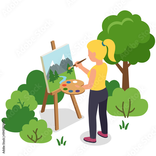 A woman paints a mountain landscape on an easel outdoors with trees.