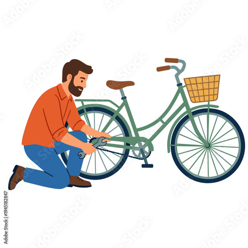Man kneeling beside green bicycle with basket adjusting wheel outdoors