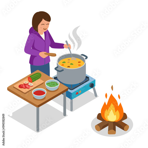 Woman cooks outdoors on camping stove with pot and ingredients on table