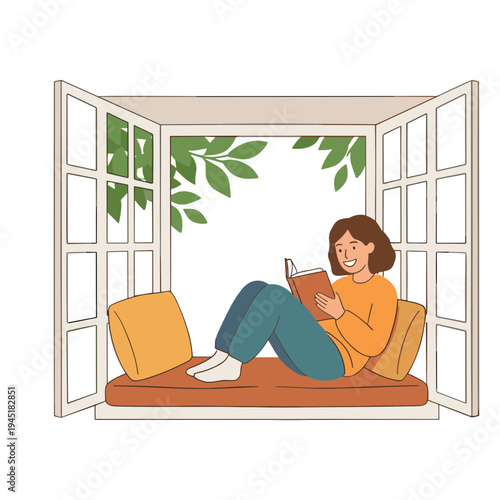 Woman reading book on couch by open window with green leaves outside