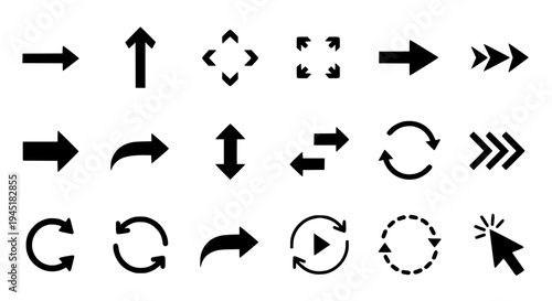 Arrows icon set with black curved and straight lines for navigation and direction featuring icons, pointers, indicators