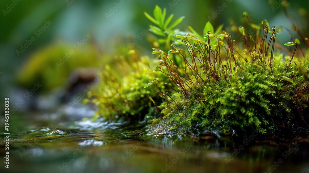 Fototapeta premium absorbing. Close-up of vibrant green moss absorbing water with visible droplets. ESG reports, sustainability campaigns, designed for sustainability communications and ESG reporting.