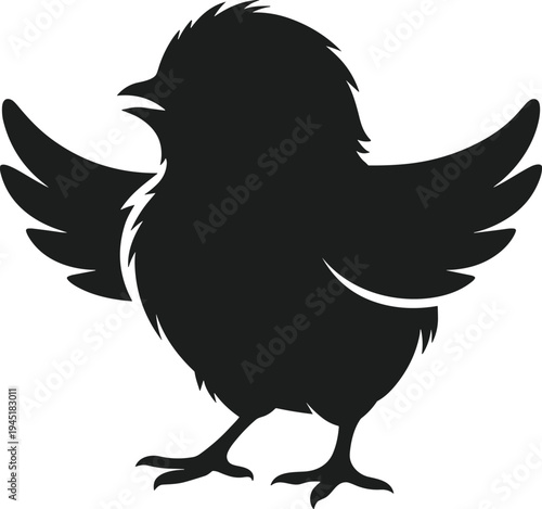 Black silhouette of a fluffy chick with wings spread wide and beak open bird vector