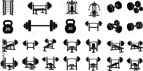 Gym fitness equipment silhouettes set with barbell dumbbell kettlebell bench press machines and weight training icons vector illustration for workout design