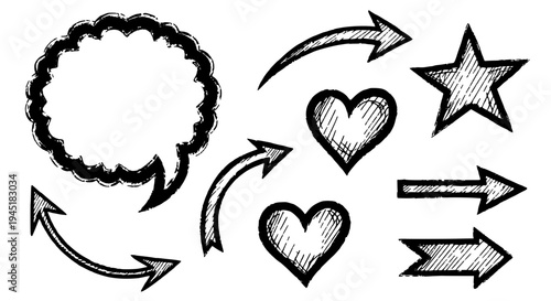 Hearts doodle drawn with grunge scrawls and arrows star featuring black, white, illustration with sketch and vector