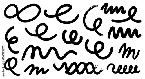 Letters hand drawn set with black curved lines and swirling shapes and loops featuring handwritten font, typography,