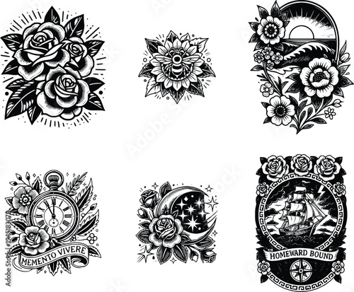 A collection of six black and white tattoo designs featuring floral patterns, roses, clock, and a ship, on a clean white background, ideal for tattoo artists, designers, and enthusiasts.