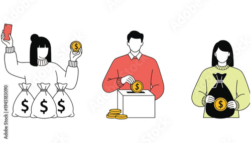 Money icon illustration of people handling coins and cash bags