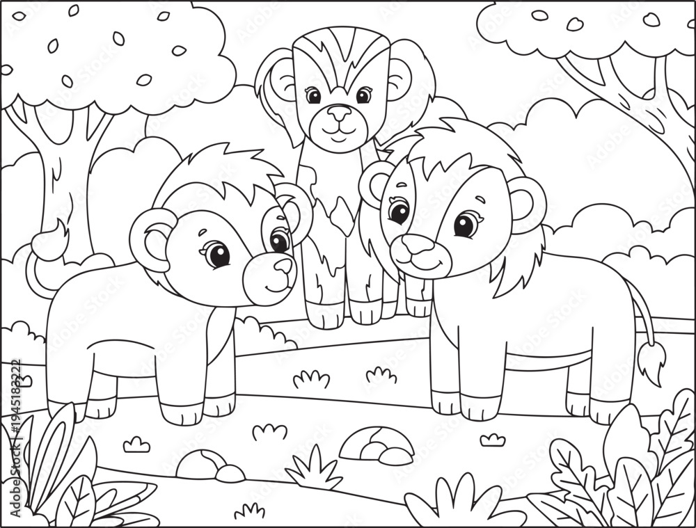 Obraz premium Three cute cartoon bears hugging in forest coloring book page vector illustration