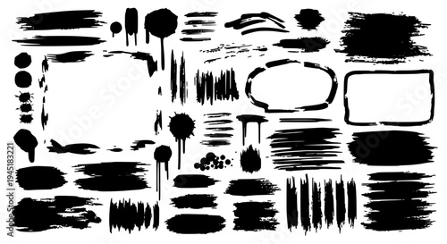 Brushstrokes set with black grunge ink splatters and smudges on white background featuring texture, effect, design with