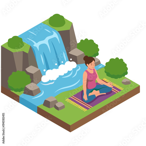 Woman practices yoga on a mat beside a serene waterfall in a natural landscape.