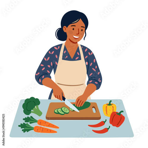 Woman cutting vegetables on a kitchen counter with a knife and apron on.