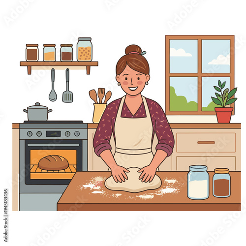 Woman baking bread with flour on kitchen counter by window
