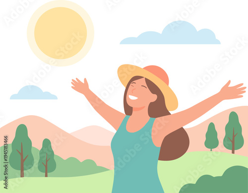Woman wearing hat stretches arms outdoors on sunny day in green landscape