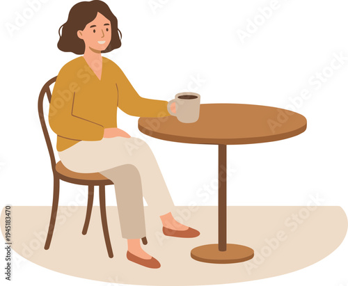 Woman sits alone at table holding coffee cup in casual setting
