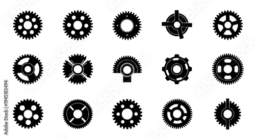 Gears set with black silhouettes and various mechanical designs for industrial concepts featuring cogs, silhouette,