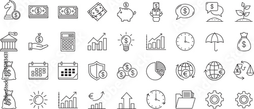 Large set of finance and business line icons including money, banking, growth charts, investment strategy, and global economy for professional web design