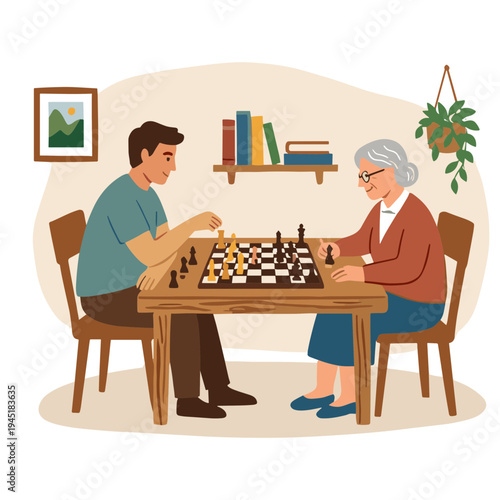 Man and woman playing chess game at wooden table indoors