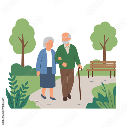 Elderly couple walking together on a serene park path with trees and a bench.