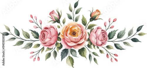 Watercolor floral border vector, elegant hand painted pink roses with green foliage on transparent background ideal for wedding invitations, spring designs, and floral compositions.