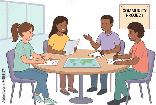 Four diverse people discuss community project sitting around wooden table