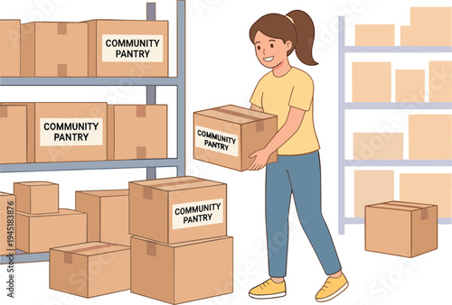 Woman stacking boxes in a community pantry storage room with shelves