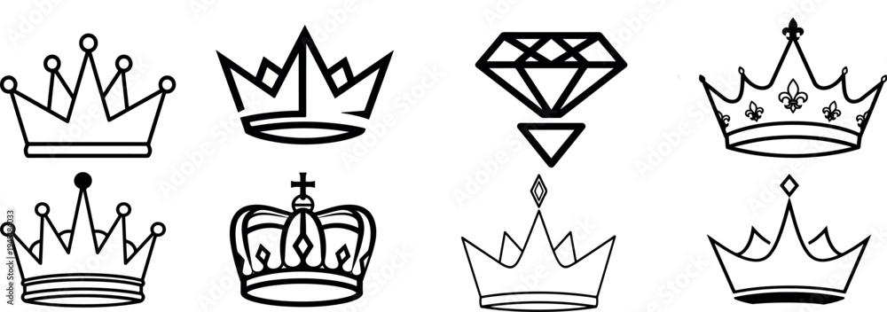 Fototapeta premium PSet of royal crown icons and diamond symbols in minimalist line art style.rint