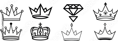 PSet of royal crown icons and diamond symbols in minimalist line art style.rint