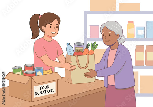 A woman hands grocery items from a food donation box to an elderly woman at a store.