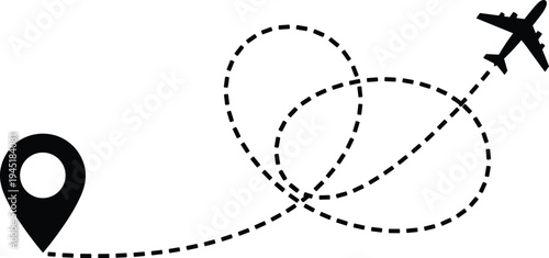 Airplane flying on a dashed line route from a location pin map pointer for travel tourism vacation and global logistics