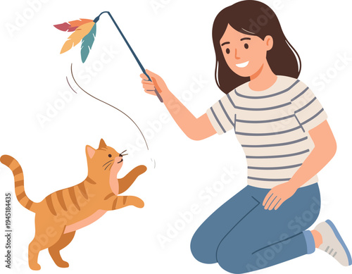 Woman plays with cat using colorful toy at home indoors