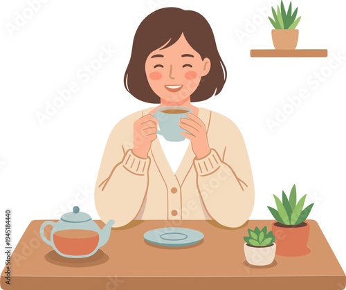 Woman sitting at table enjoying tea with plants around her indoors