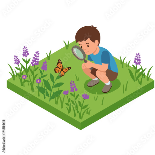 A boy explores nature with a magnifying glass on a green grassy field with purple flowers and a butterfly.
