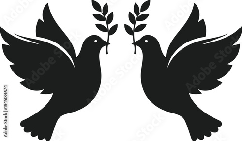 Two black silhouette doves of peace flying with olive branches in their beaks bird